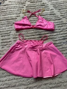 New Pink Vinyl Two-Piece Skirt Set with Gold Chain Straps